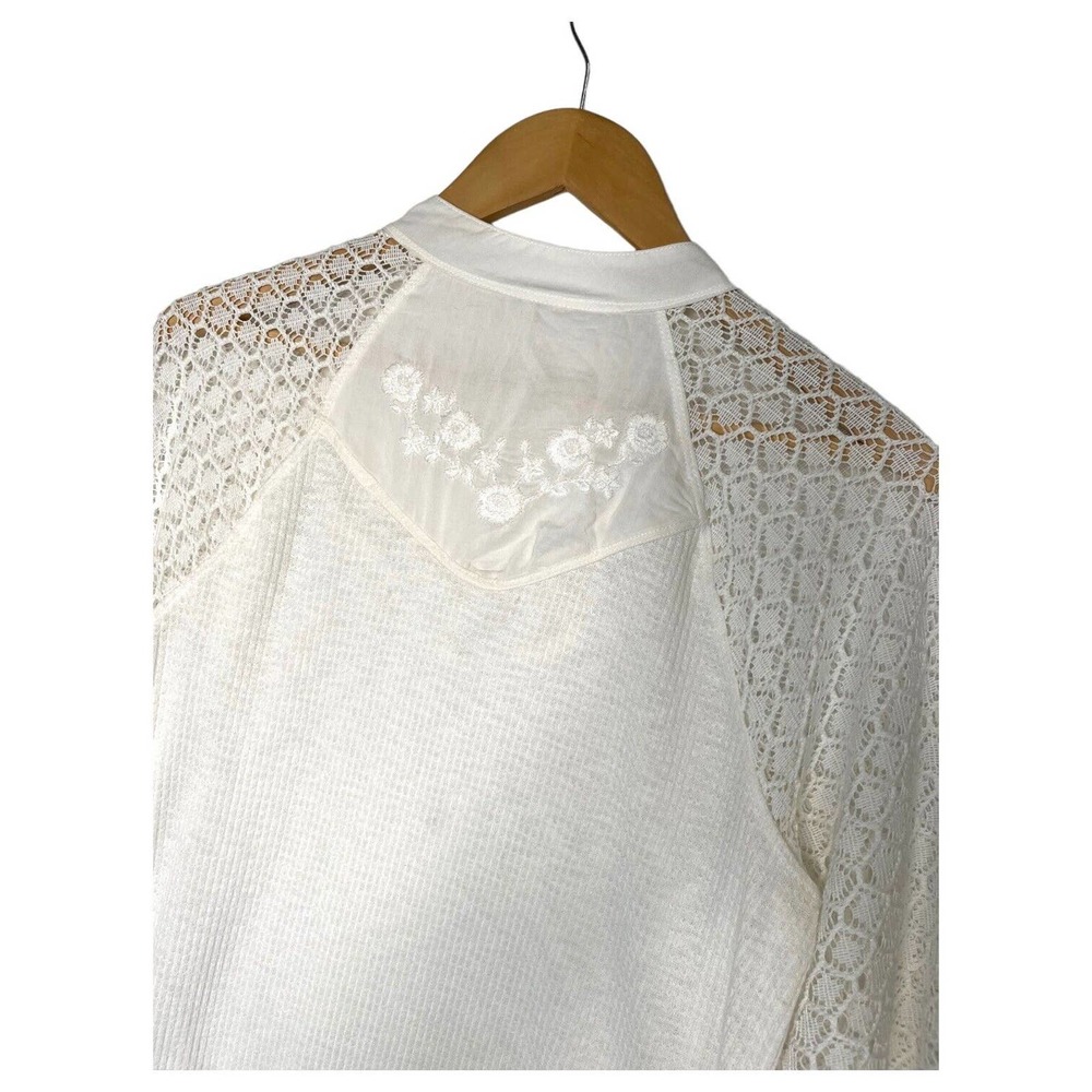 Free People Top Womens S Sweetest Thing Waffle Embroidered Boho Peasant Ivory - Picture 13 of 16
